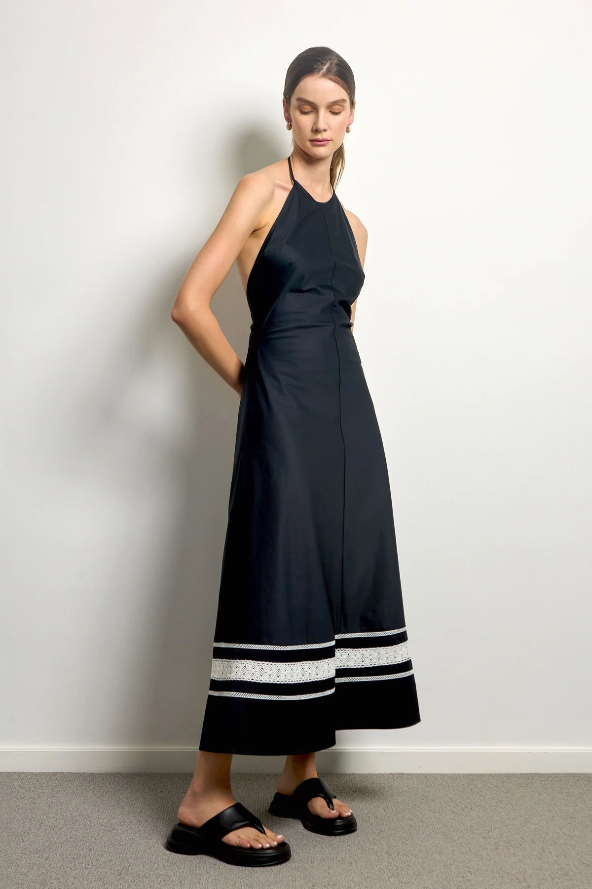 Bias Cut Halter Dress - Lace Trim