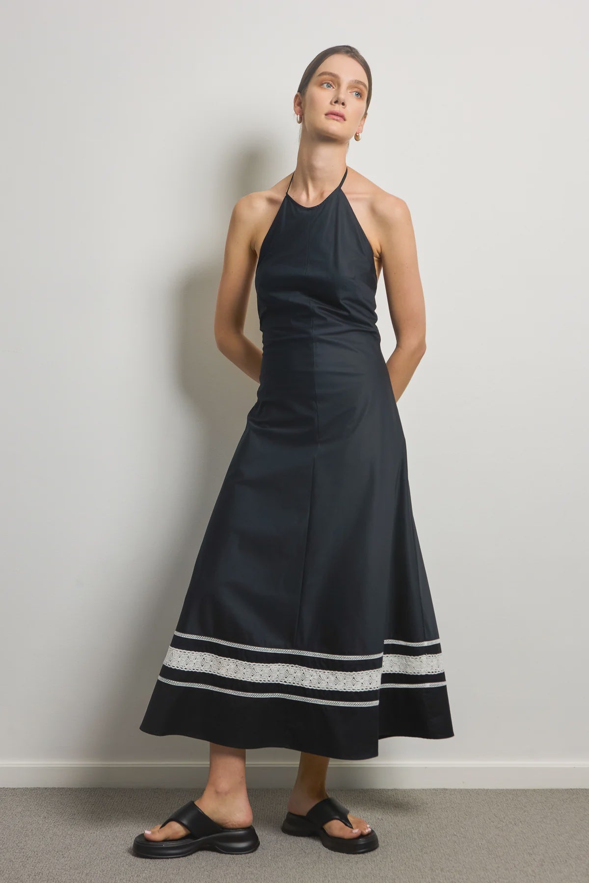 Bias Cut Halter Dress - Lace Trim