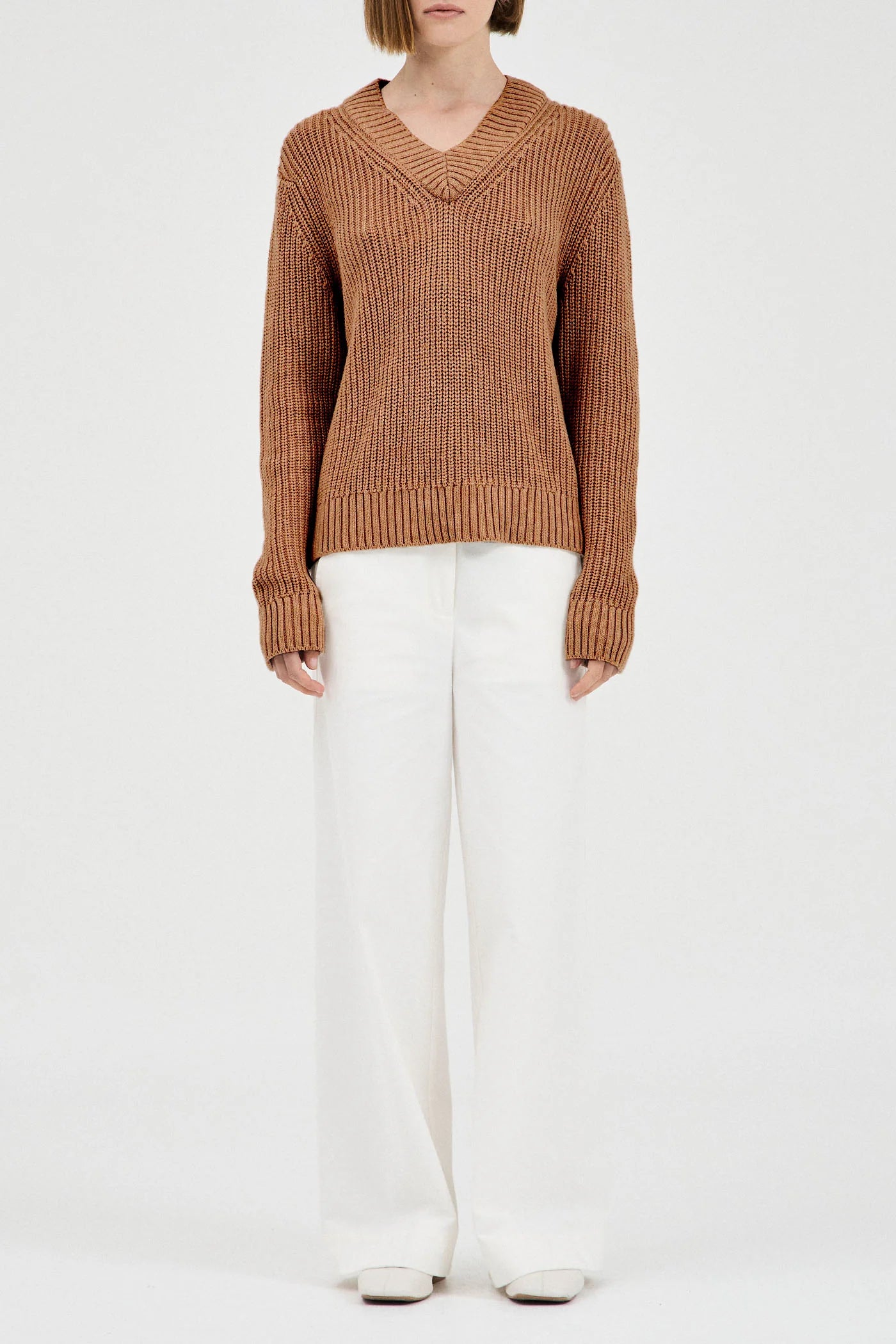 Cotton Cashmere V-Neck Knit - Camel