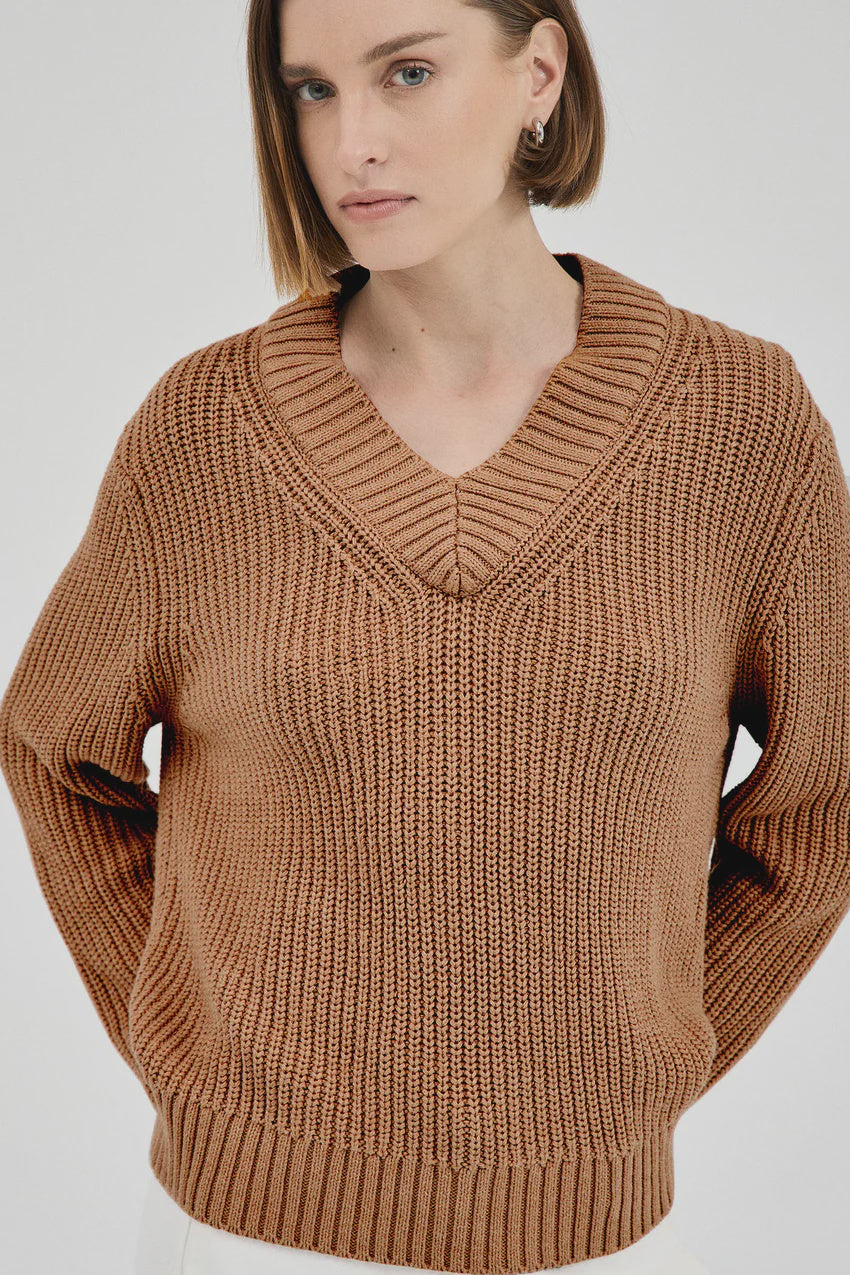 Cotton Cashmere V-Neck Knit - Camel