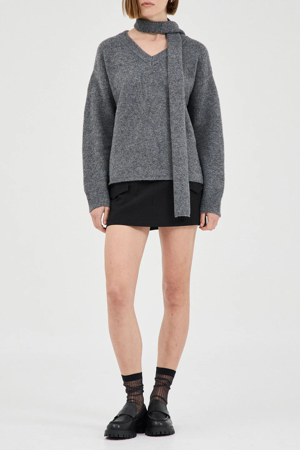 Basic V Neck Knit with Tie - Grey
