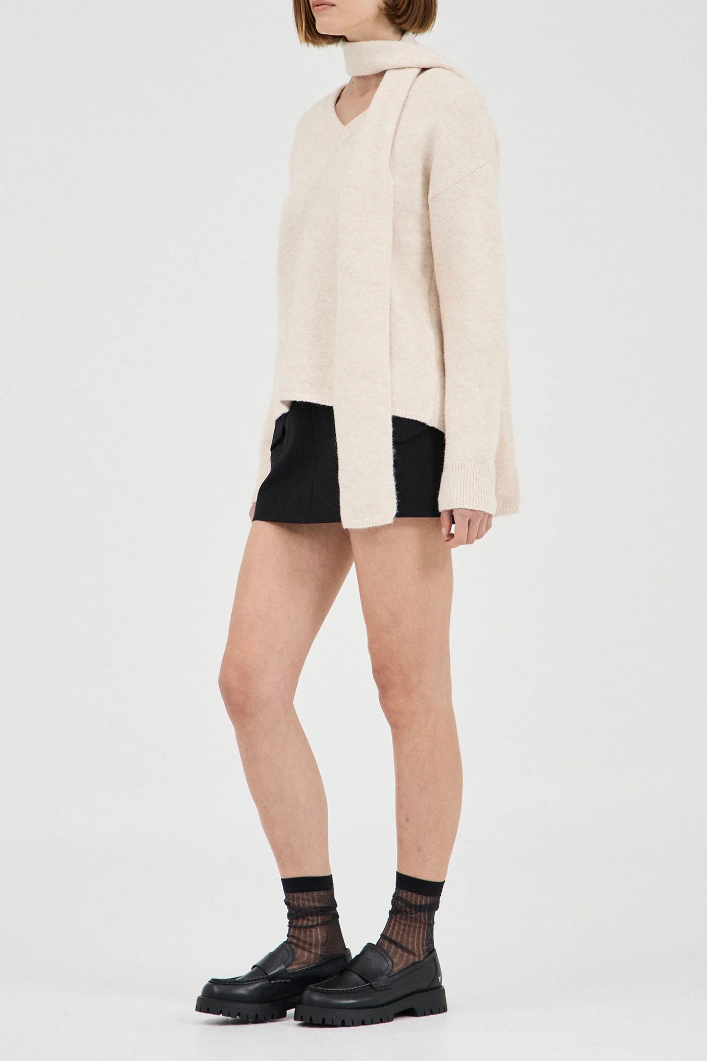 Basic V Neck Knit with Tie - Oatmeal