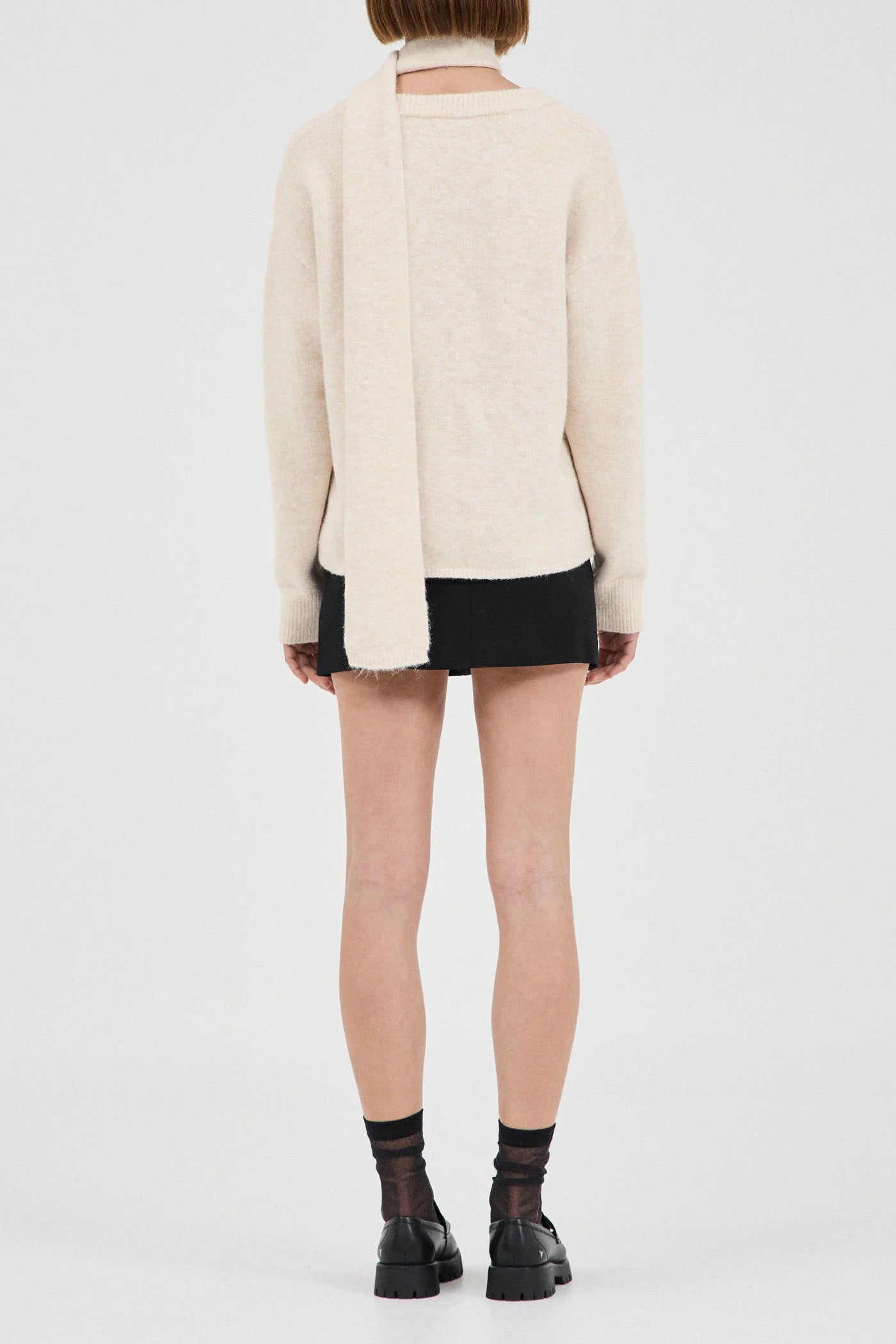 Basic V Neck Knit with Tie - Oatmeal