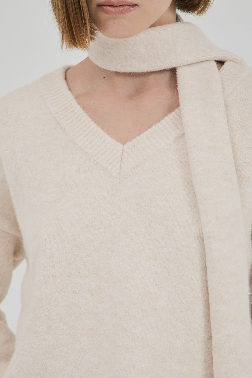 Basic V Neck Knit with Tie - Oatmeal