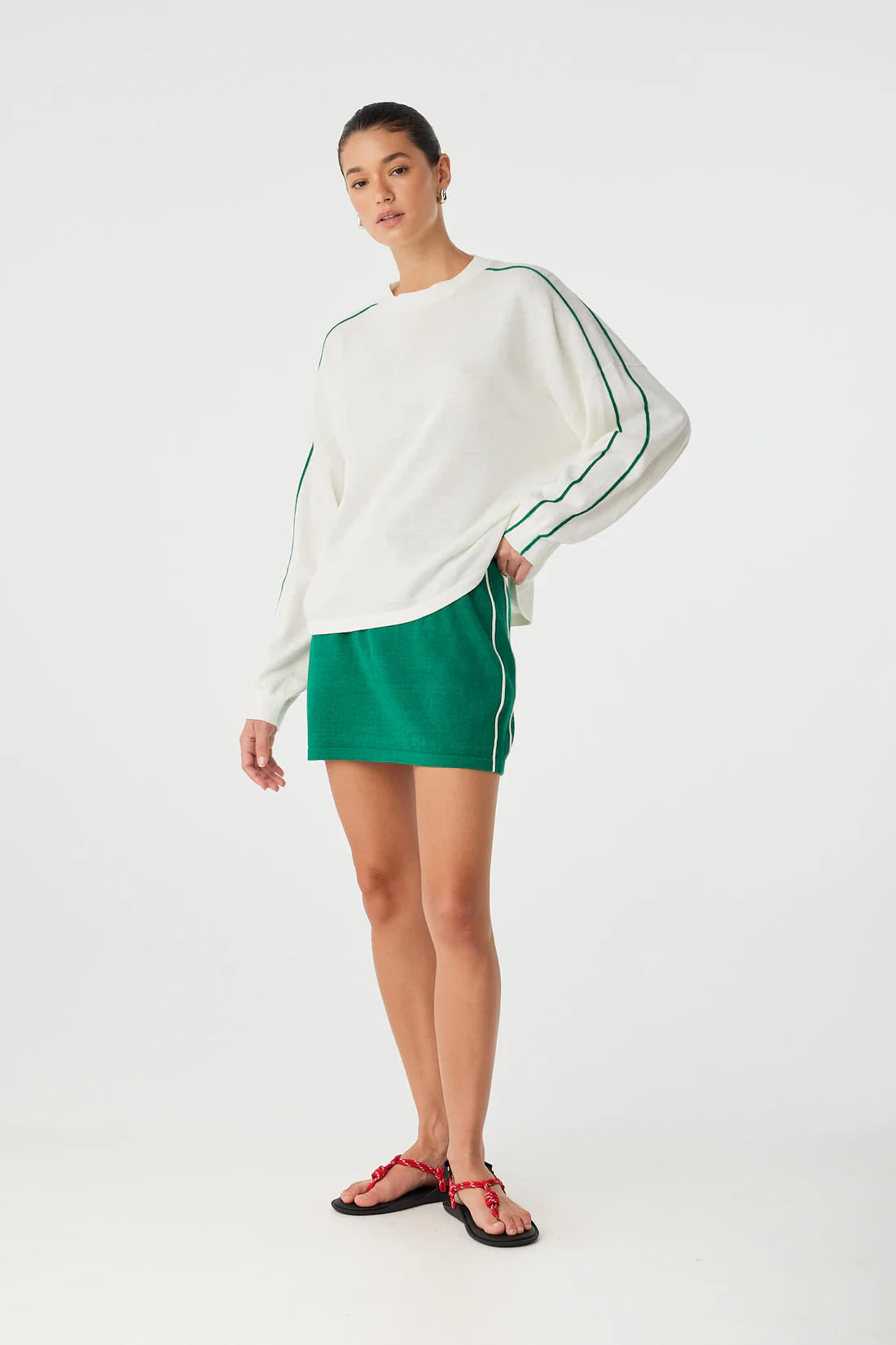 Pippa Long Sleeve Tee - Cream & Palm Green