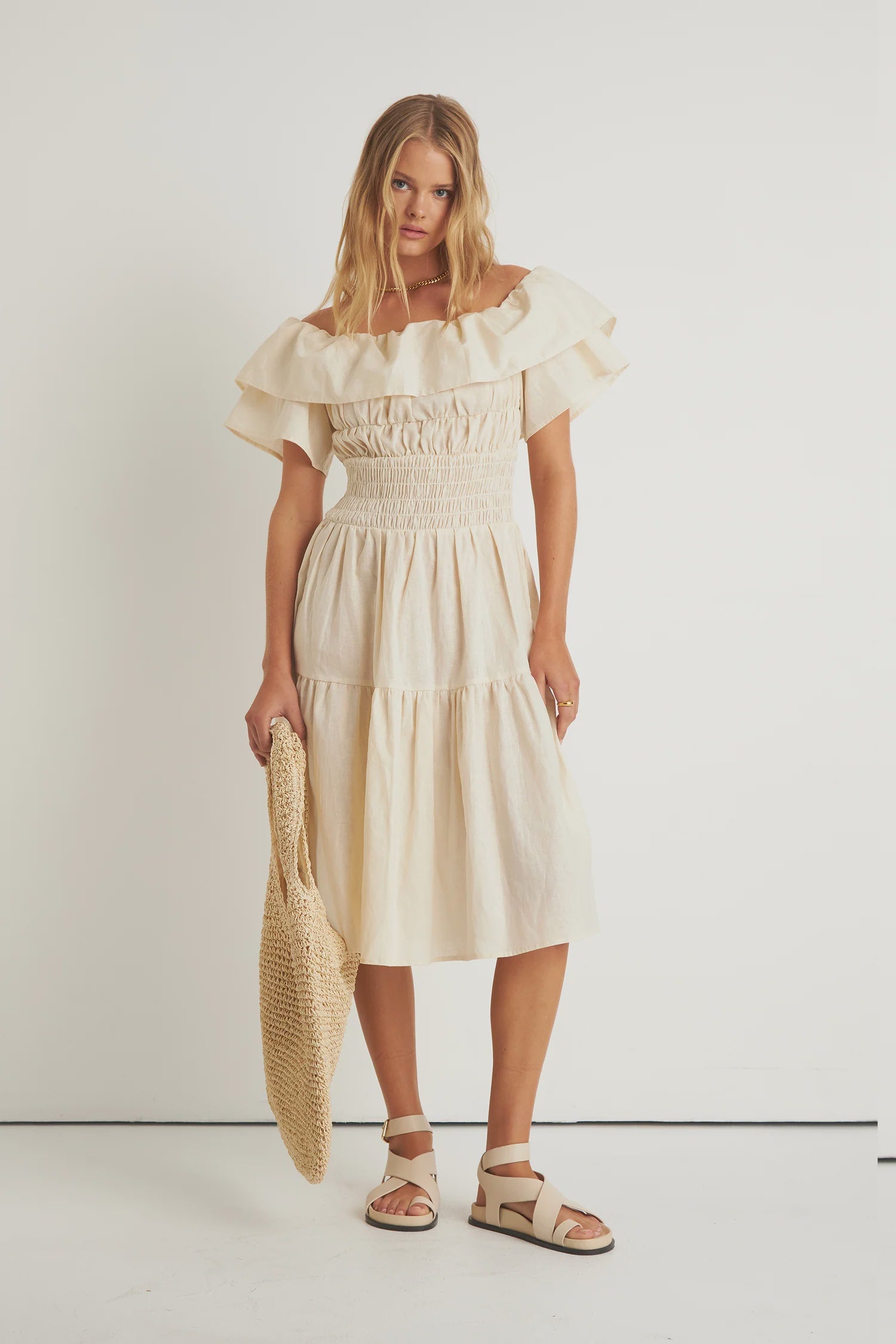 Helena Shoulder Frill Dress - Creme