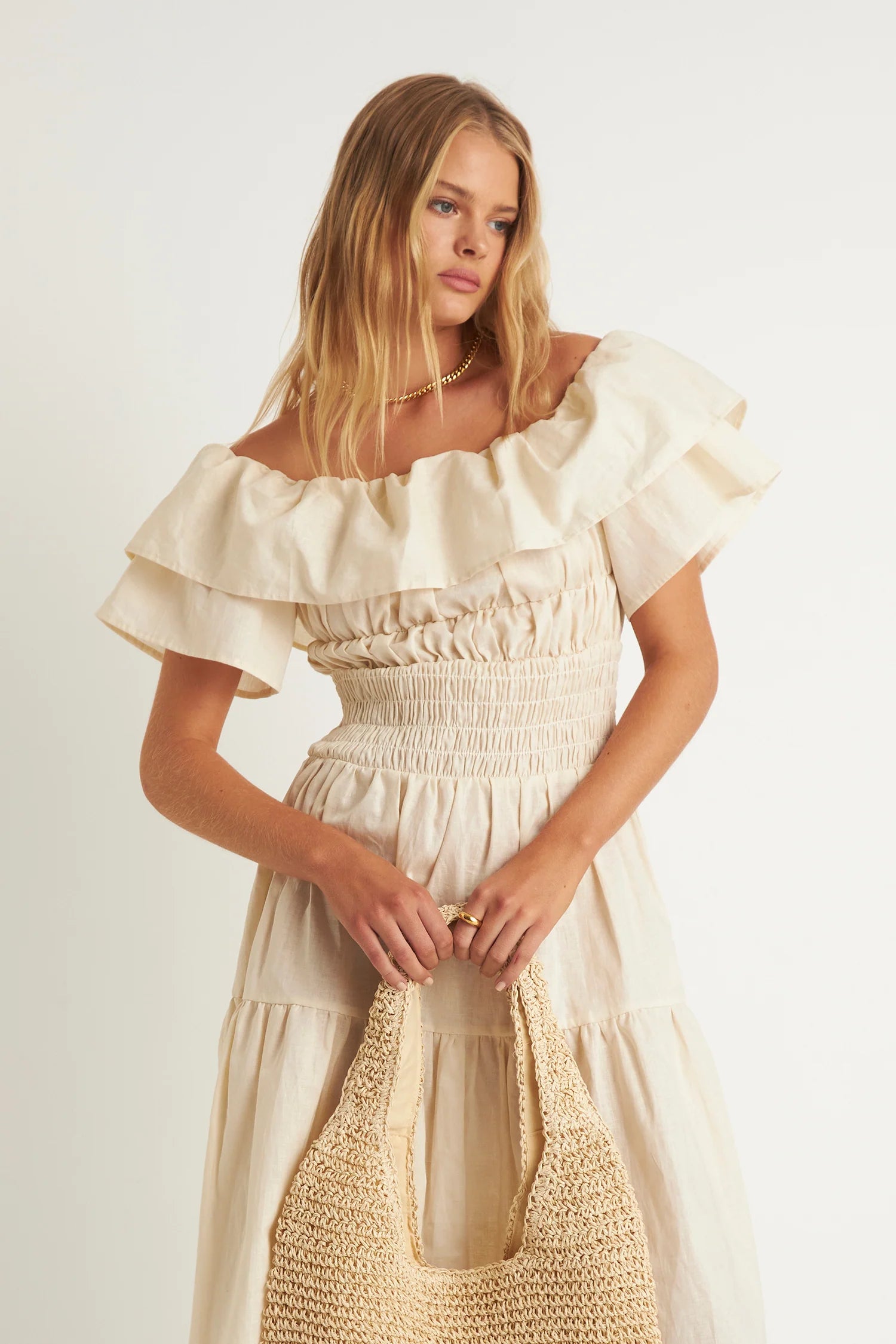 Helena Shoulder Frill Dress - Creme