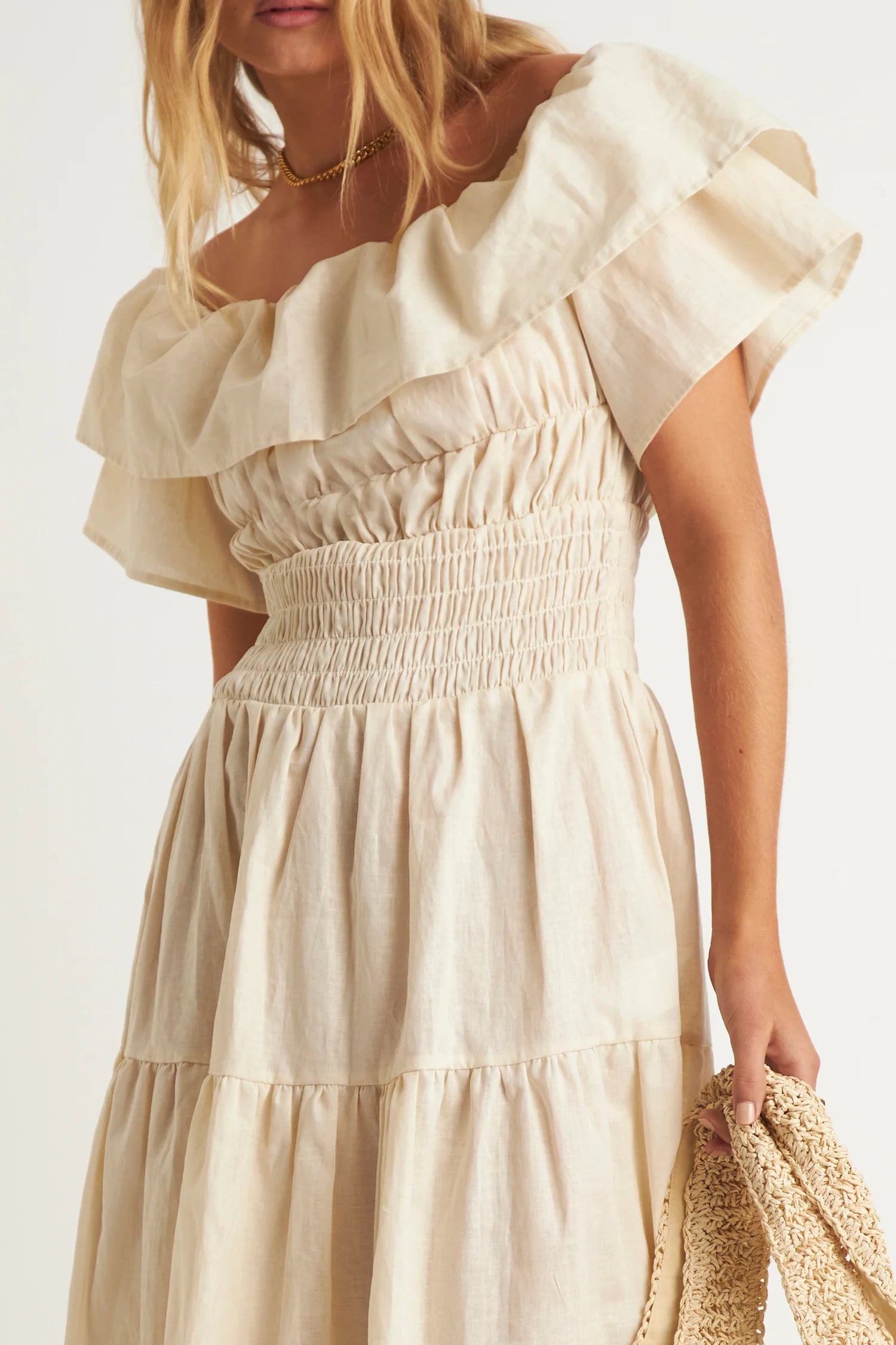 Helena Shoulder Frill Dress - Creme