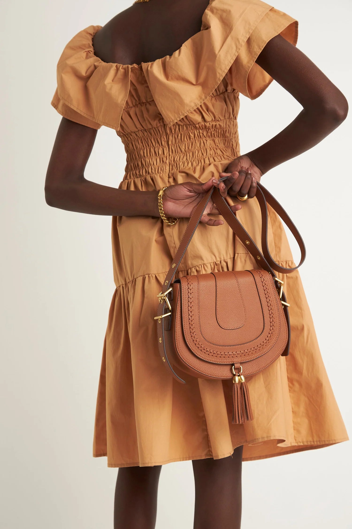 Helena Shoulder Frill Dress - Tan