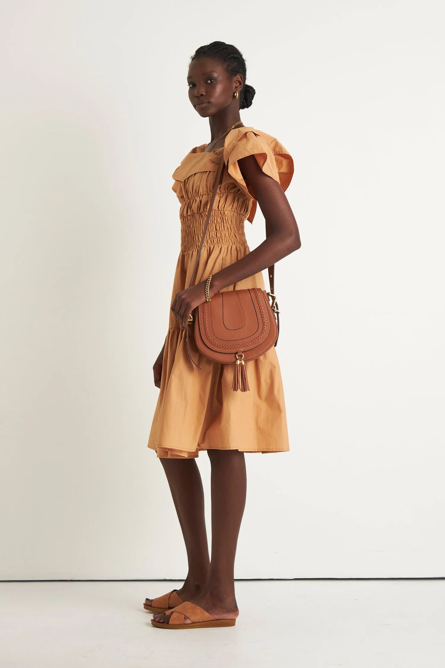 Helena Shoulder Frill Dress - Tan