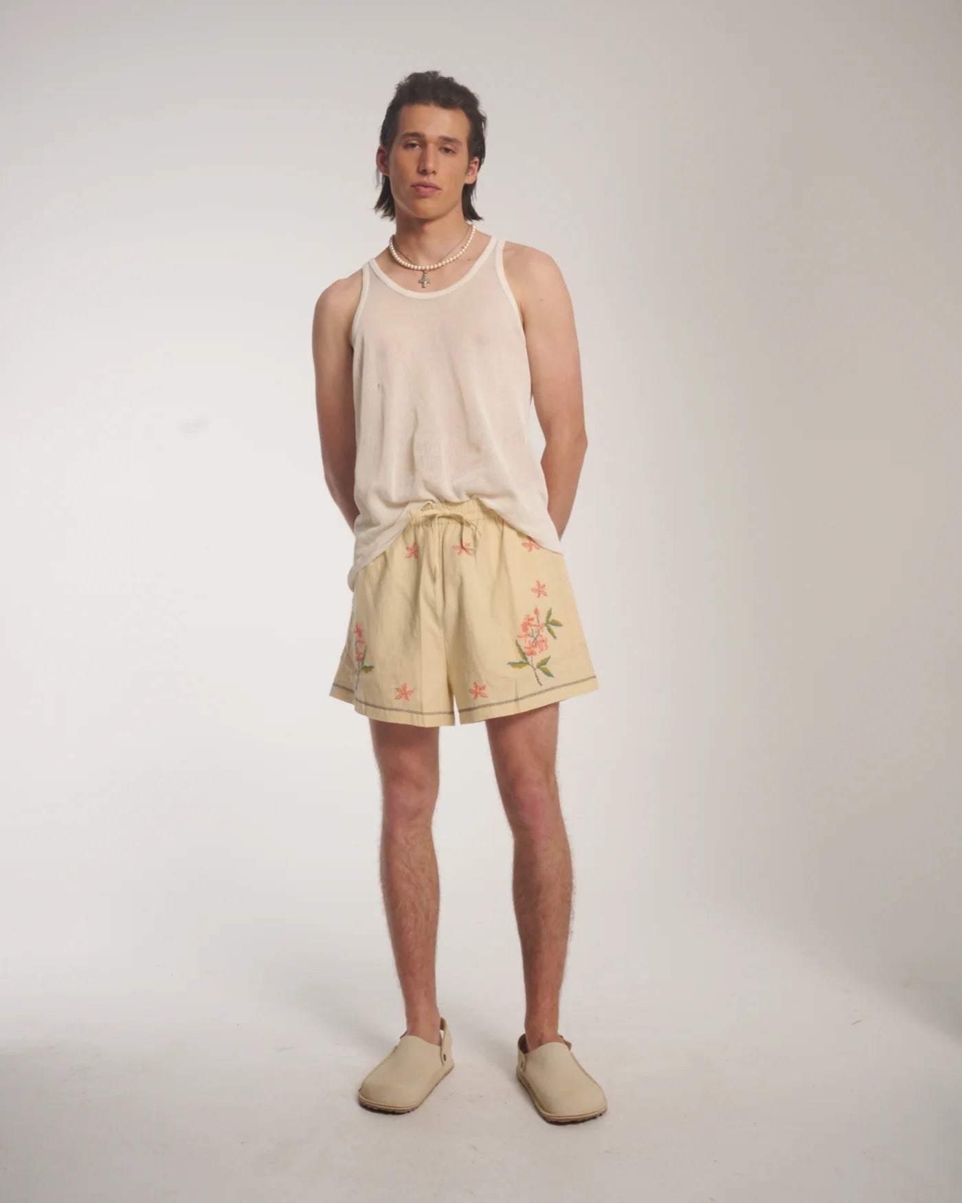 Cream Embroidered Flower Linen Shorts