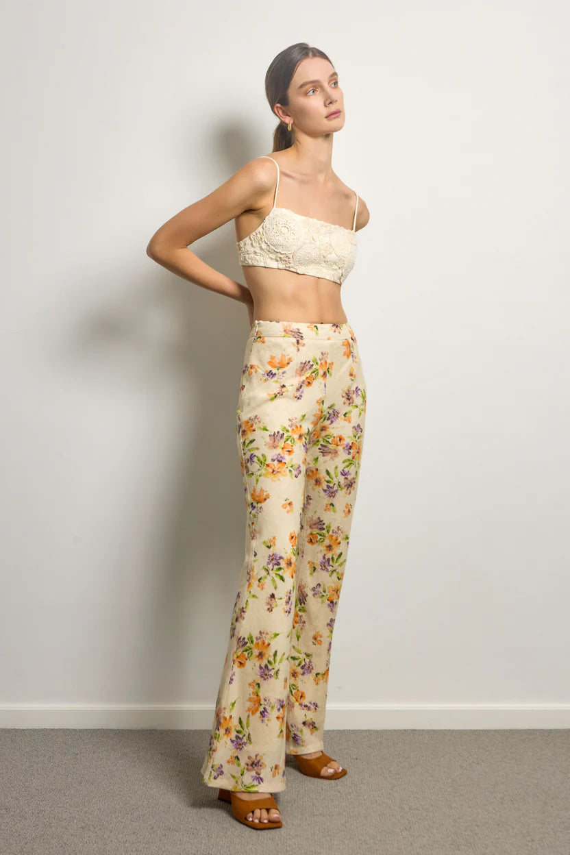 Linen Floral Bias Cut Flare Pant