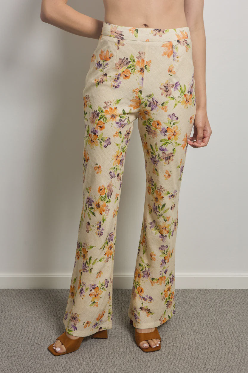 Linen Floral Bias Cut Flare Pant