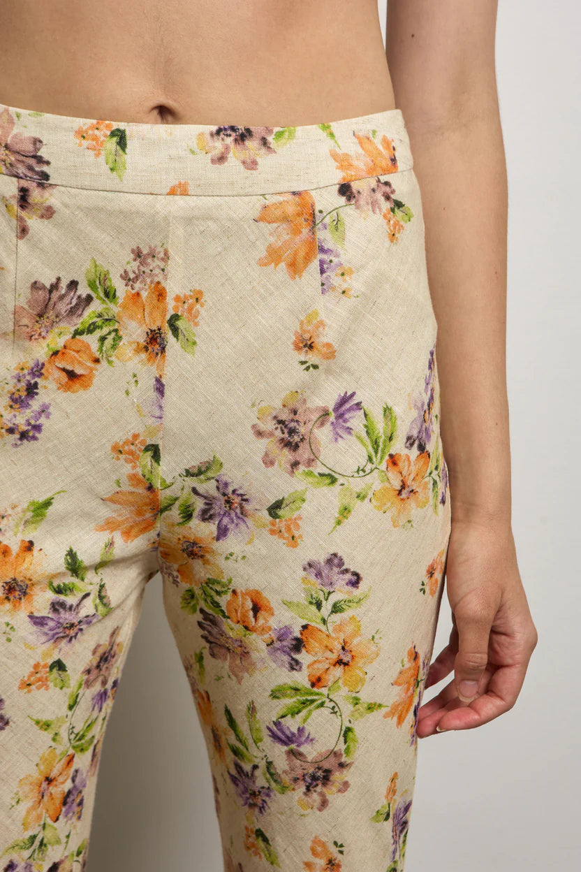 Linen Floral Bias Cut Flare Pant
