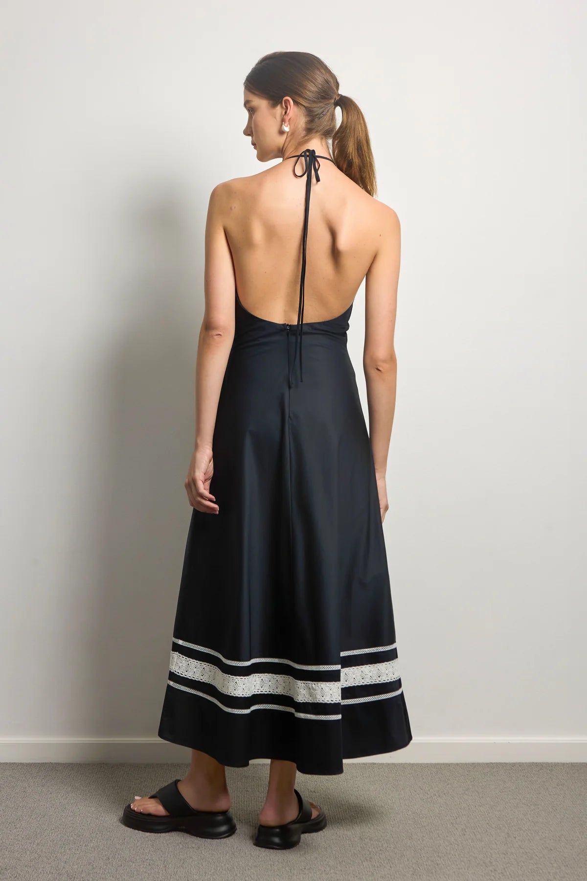 Bias Cut Halter Dress - Lace Trim