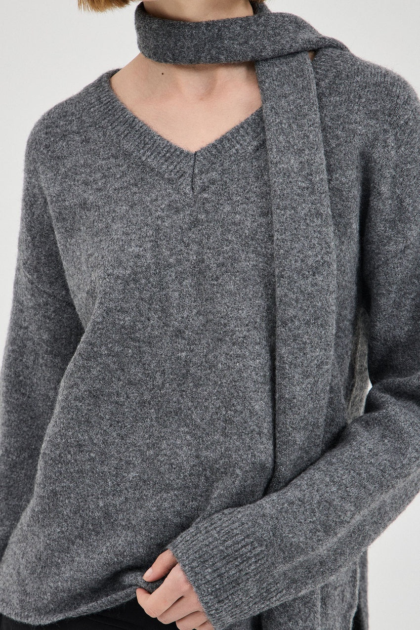 Basic V Neck Knit with Tie - Grey