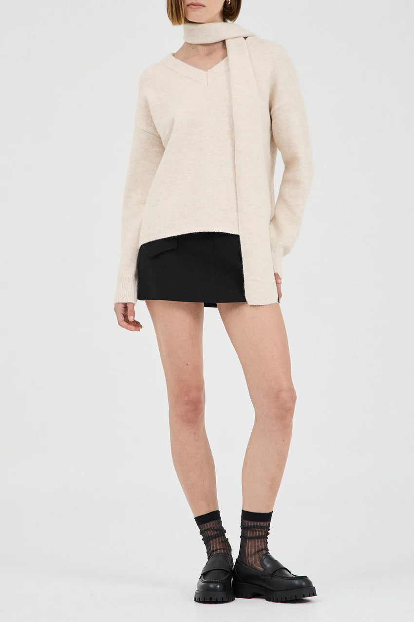 Basic V Neck Knit with Tie - Oatmeal