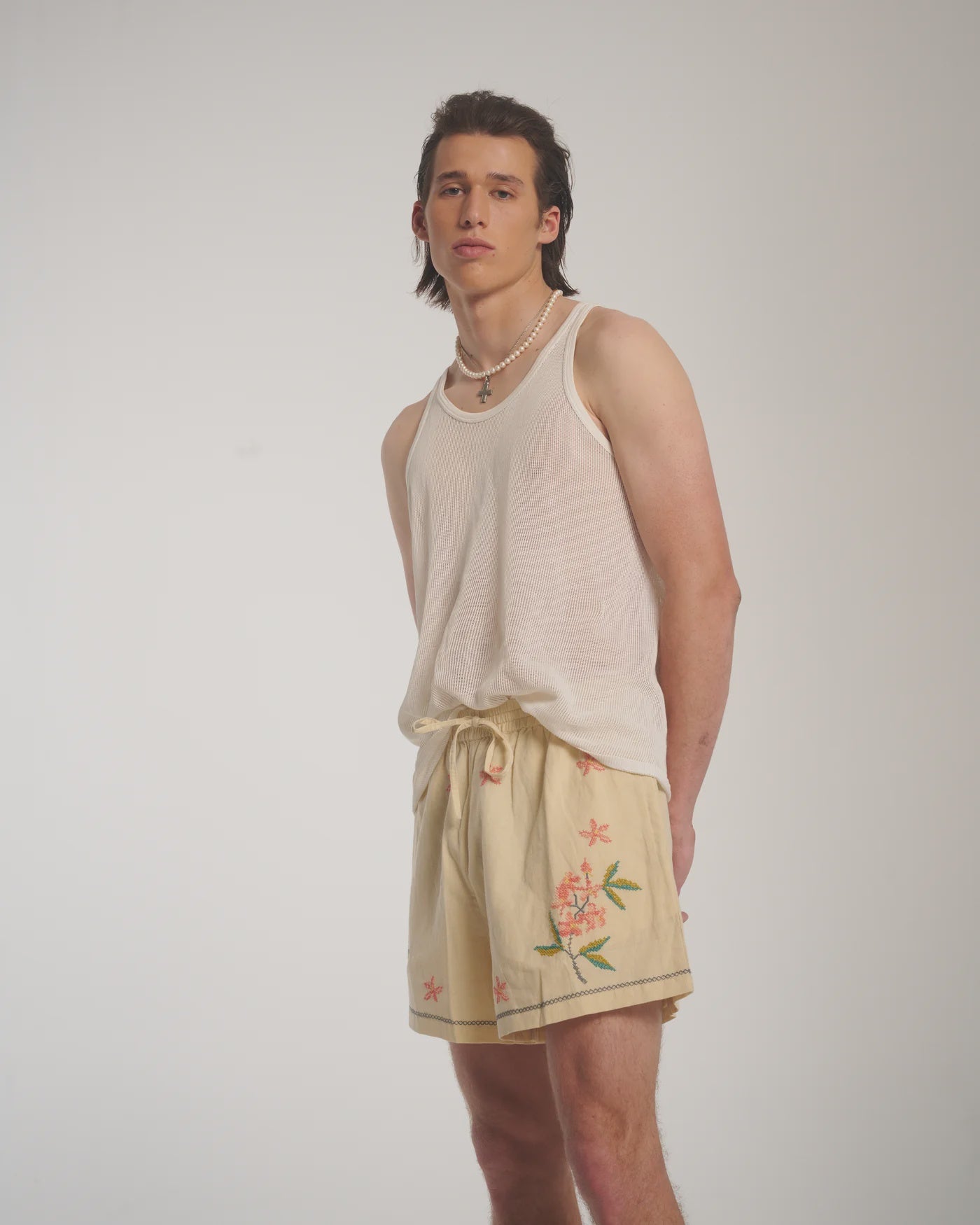 Cream Embroidered Flower Linen Shorts