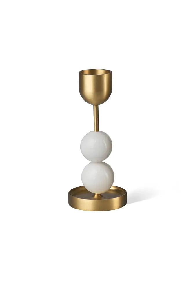 Beaded Fountain Brass Candle Holder - White