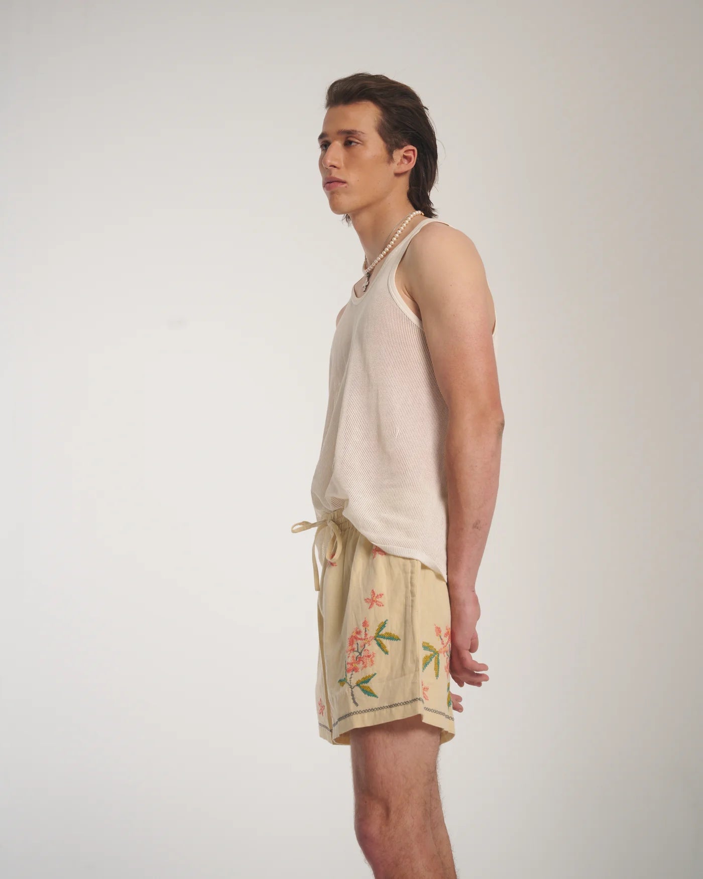 Cream Embroidered Flower Linen Shorts