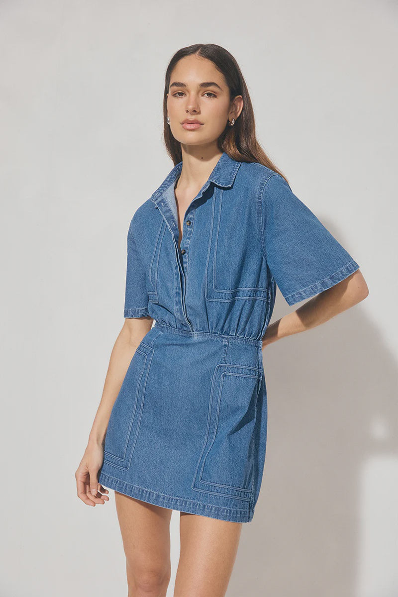 Indigo Denim Mini Dress - Mid Blue