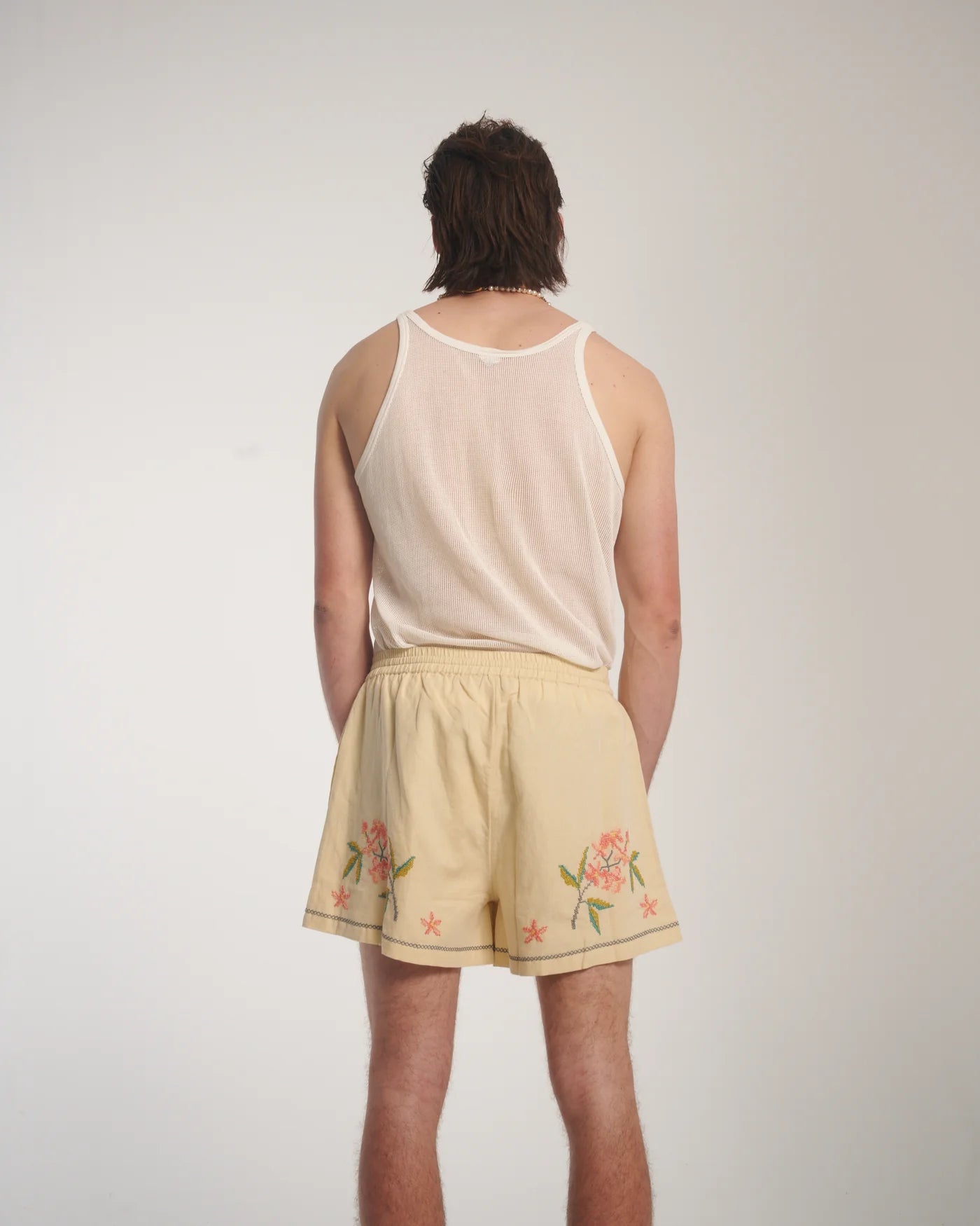 Cream Embroidered Flower Linen Shorts