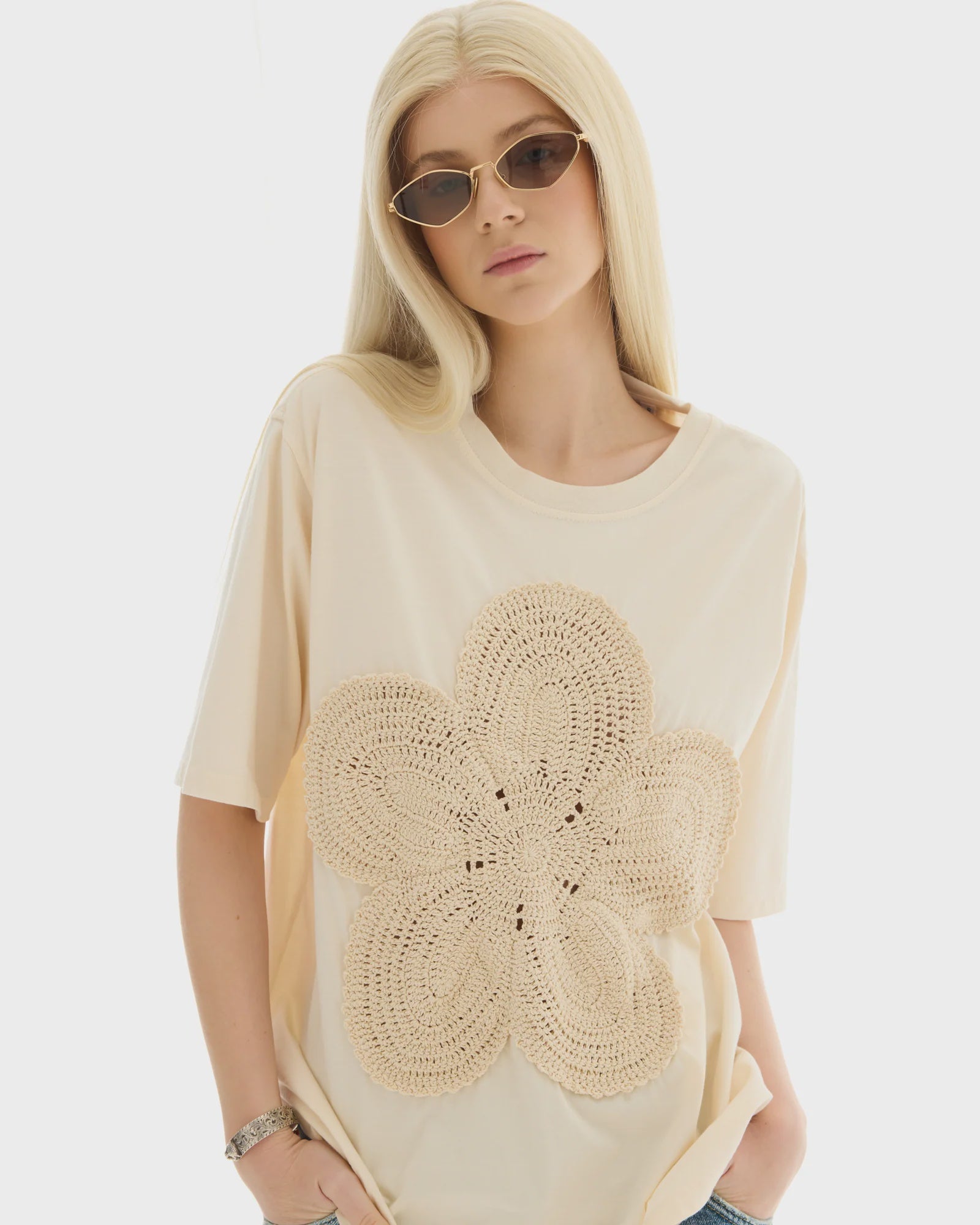 Crochet Flower Tee - Ecru