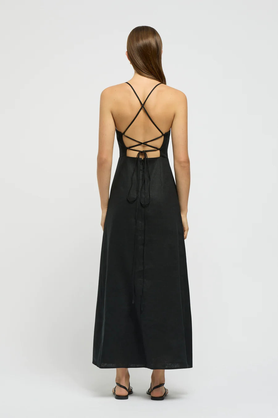 Coralie Tie Back Linen Dress - Black