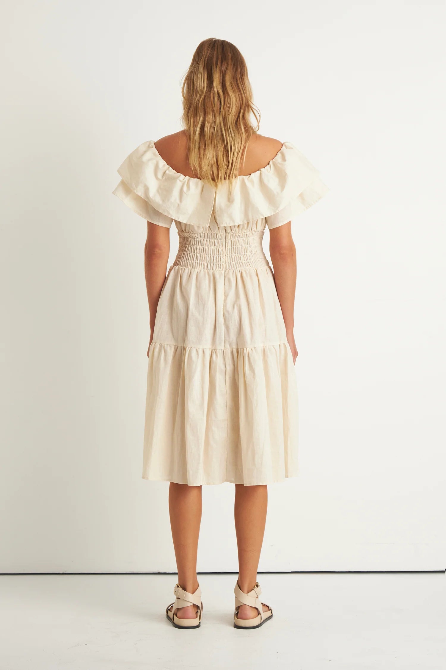 Helena Shoulder Frill Dress - Creme