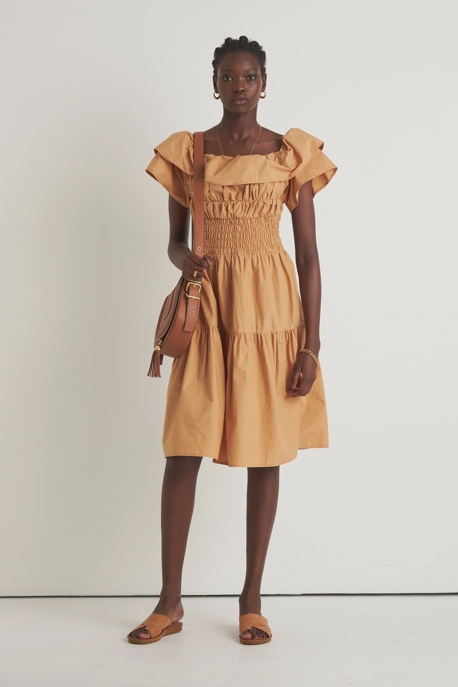 Helena Shoulder Frill Dress - Tan